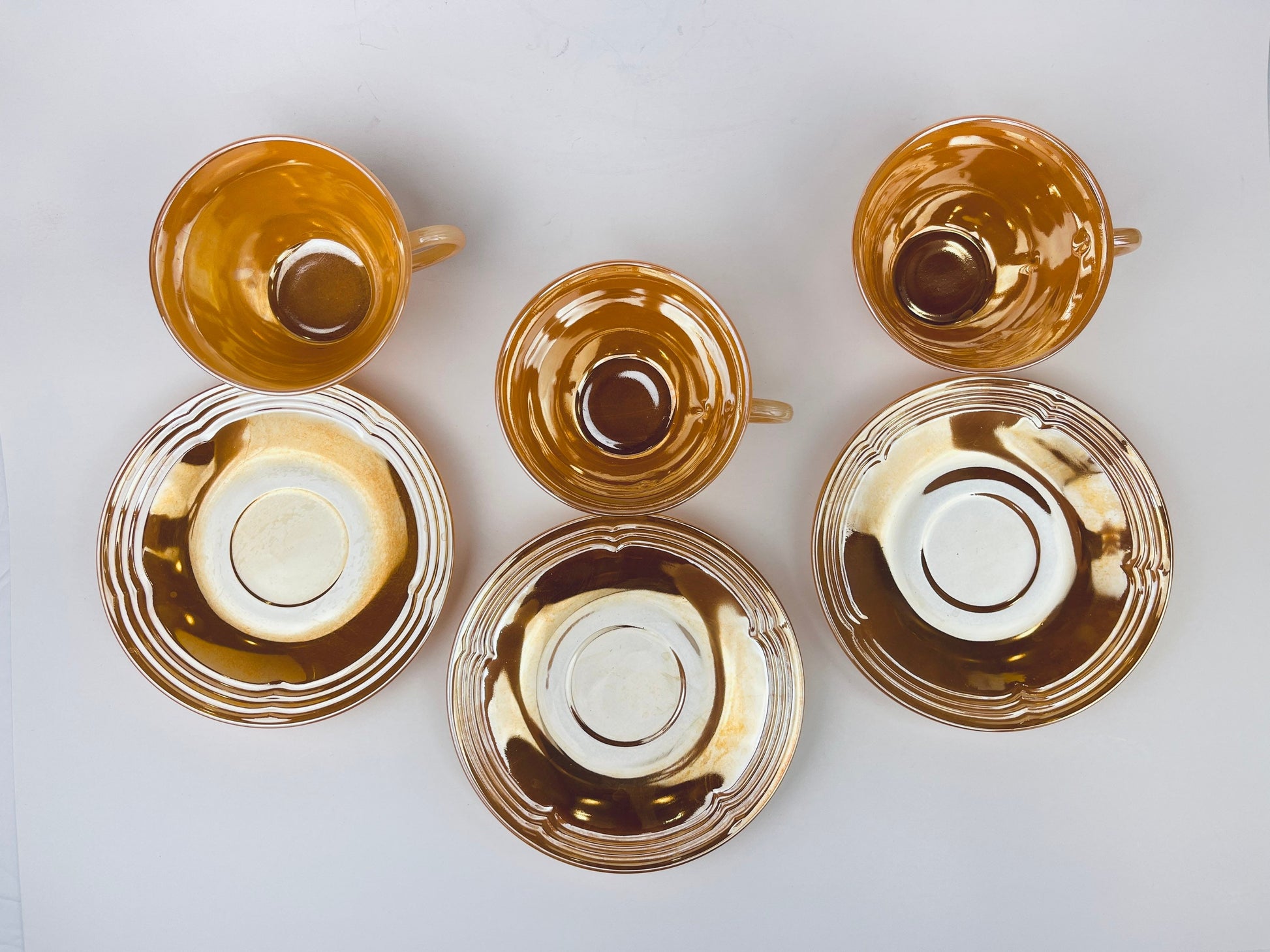 Product image for 'vintage peach lustreware swirl tea cup saucer set replacement anchor hocking fire king made in usa cup saucer set sold separately' (view 11054e)