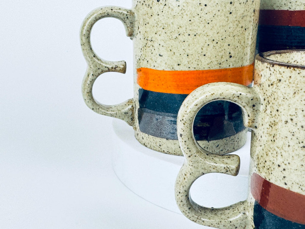 Product image for 'vintage 1970s stoneware mugs speckled glaze with bold stripes double loop handles set of 4 retro coffee cups' (view a67aaf)