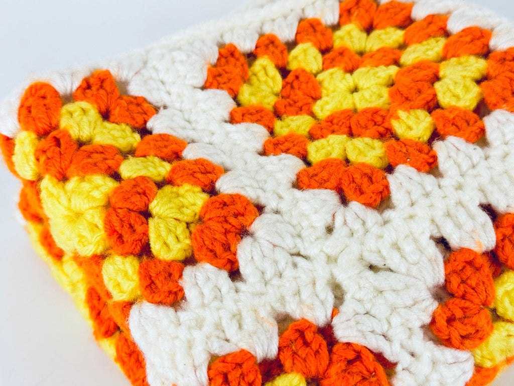 Product image for 'vintage handmade crocheted granny square accent pillow cover sham 14 x 14 orange yellow floral square' (view 937cbd)