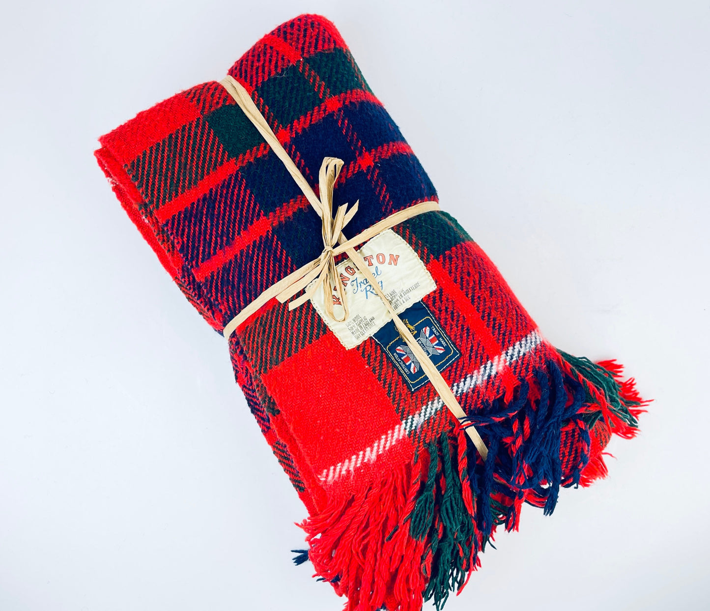 Product image for 'vintage kingston travel fringe rug blanket red blue plaid pattern wool acrylic blend made in the british isles' (view f3724a)