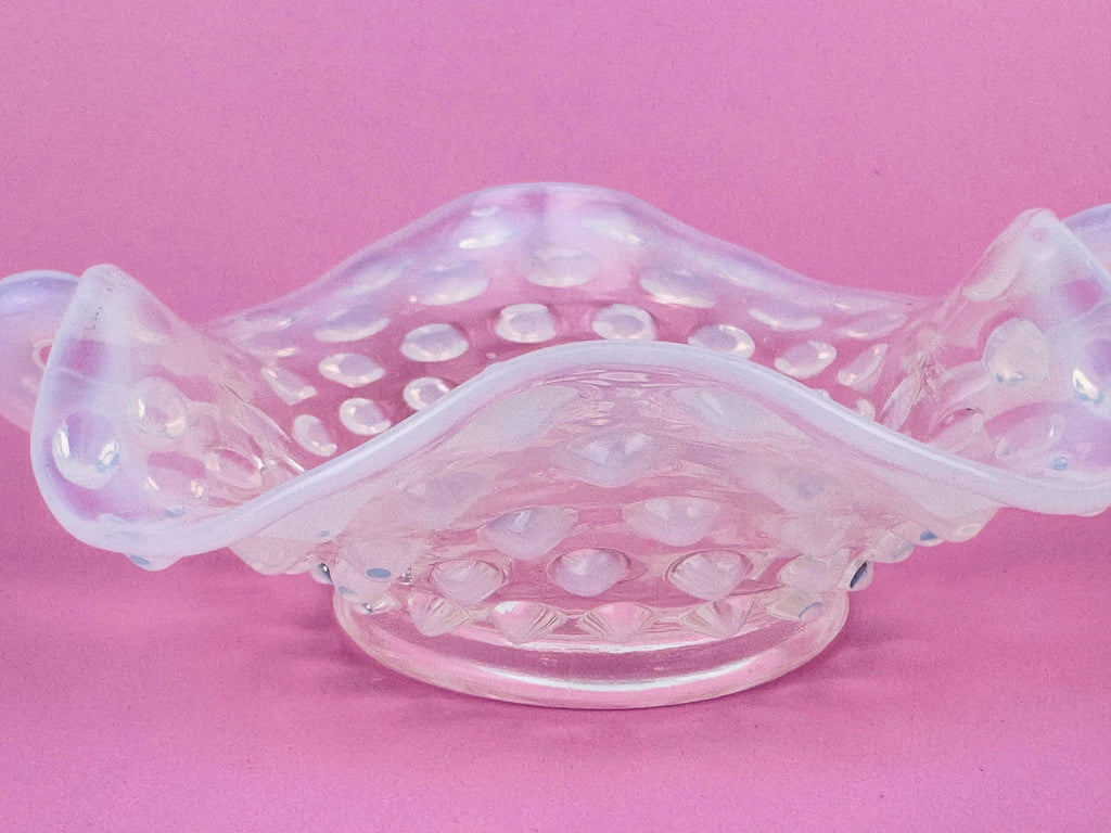 Product image for 'vintage fenton moonstone hobnail glass dish 1940s opalescent ruffled trinket bowl with handles' (view bcaf18)