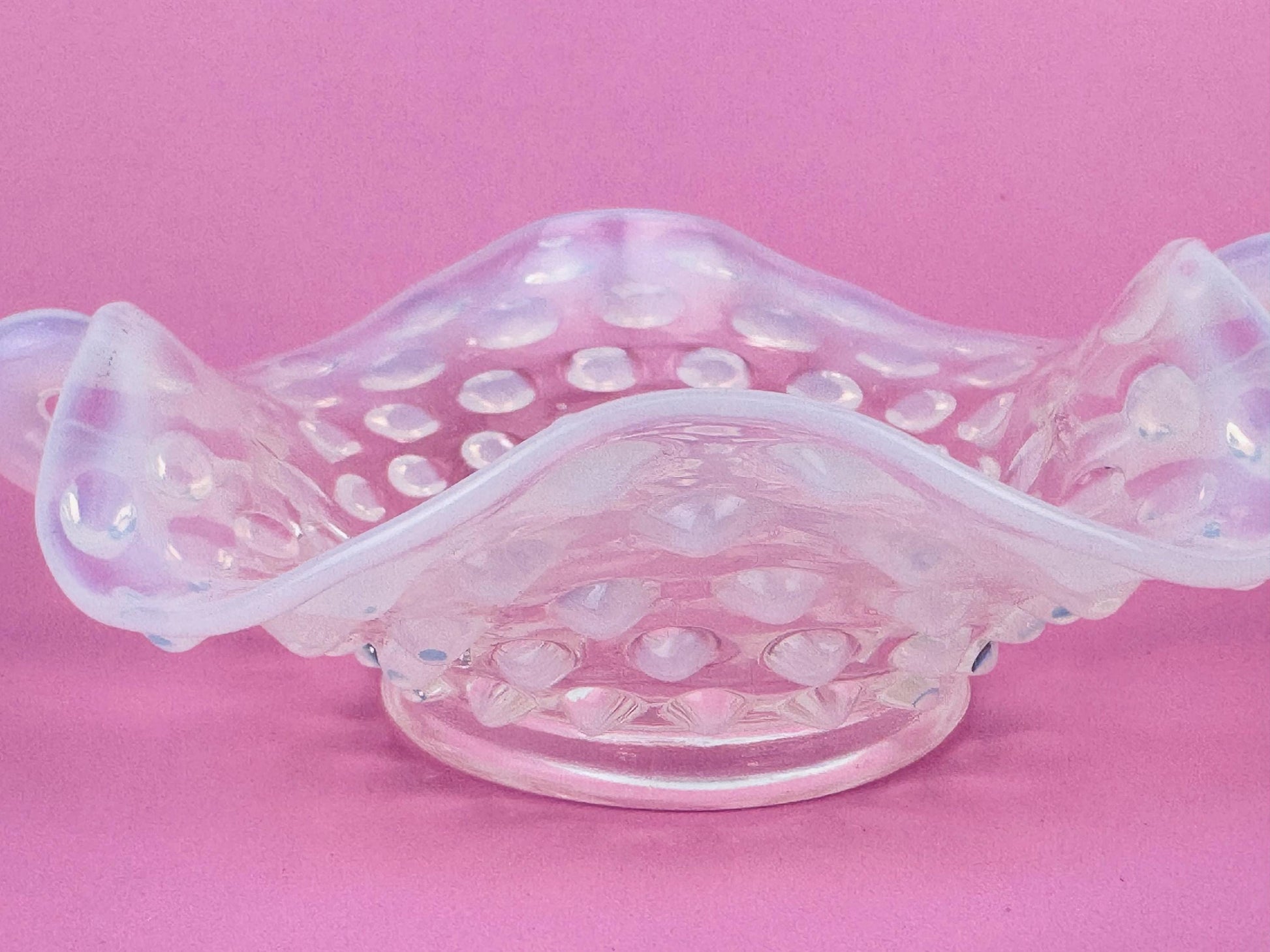 Product image for 'vintage fenton moonstone hobnail glass dish 1940s opalescent ruffled trinket bowl with handles' (view bcaf18)