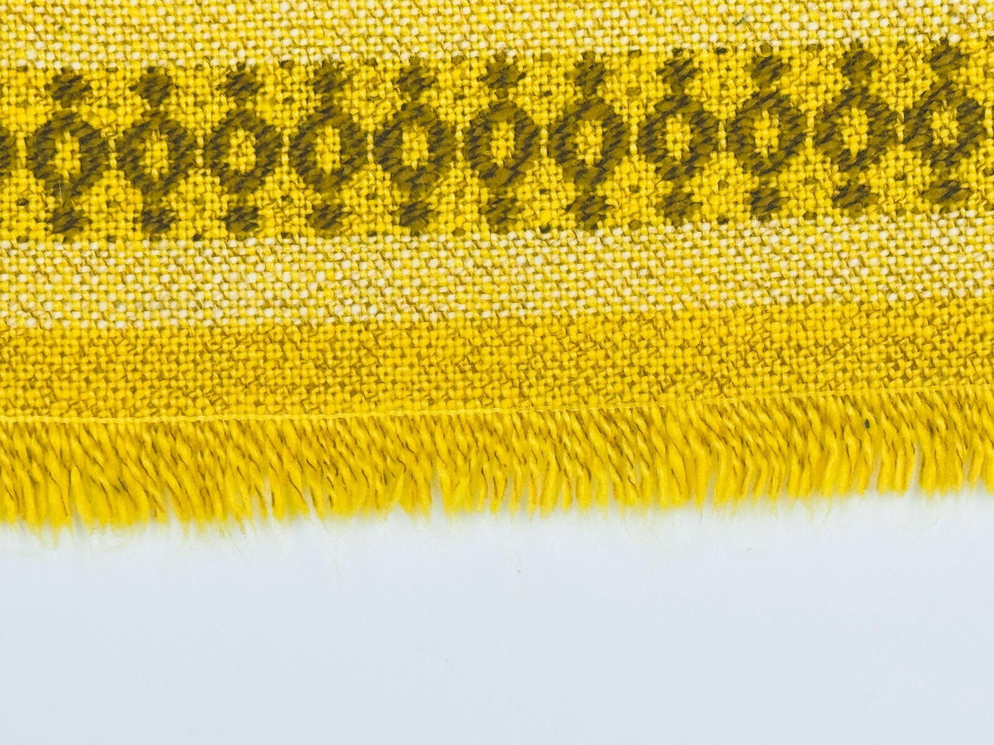Product image for 'vintage embroidered bright yellow brown white geometric pattern fringe square table cloth' (view 3da178)