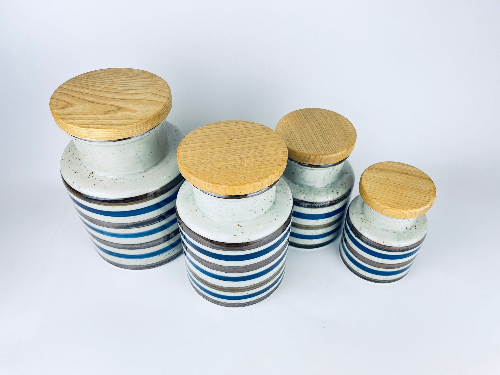 Product image for 'vintage striped grey speckle stoneware countertop canister set set of four 4 made in japan' (view 0bf886)