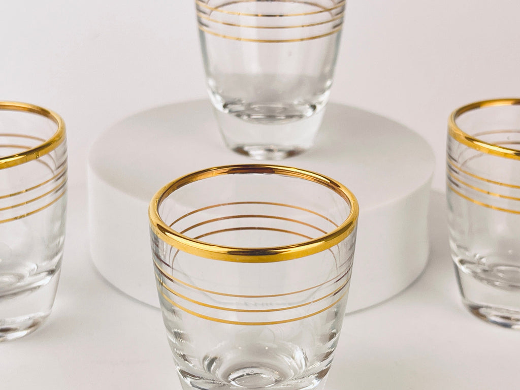 Product image for 'vintage french gold striped clear shot glass barware set set of four 4 made in france' (view 2c5ba4)