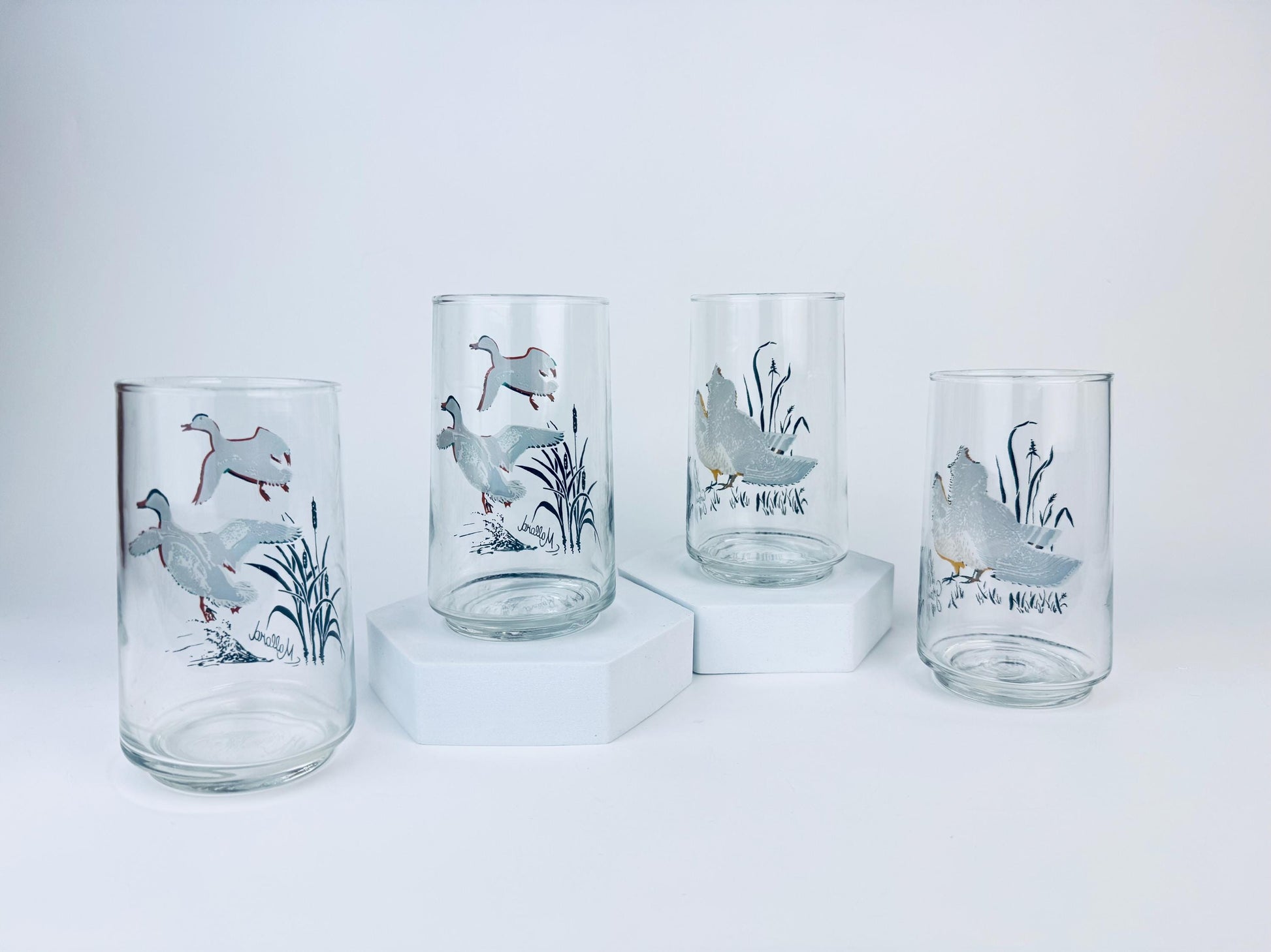 Product image for 'vintage mallard duck grouse drinking glasses mid century wildlife barware set' (view 6eb215)