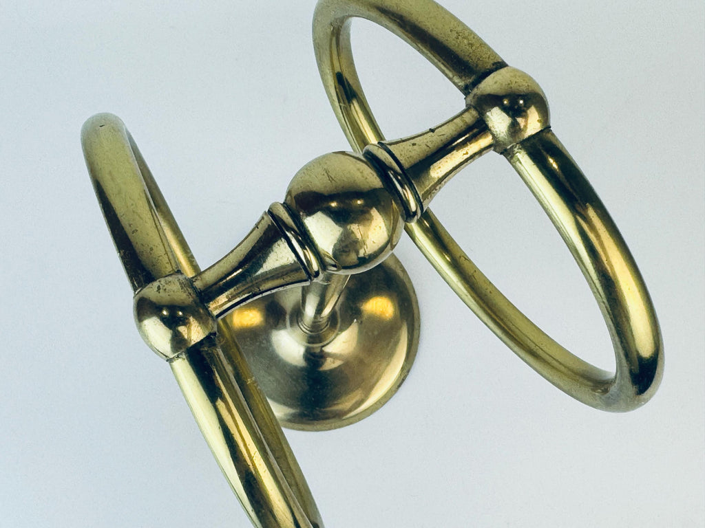 Product image for 'vintage brass tabletop dual ring towel hanger aged metal patina' (view 24f274)