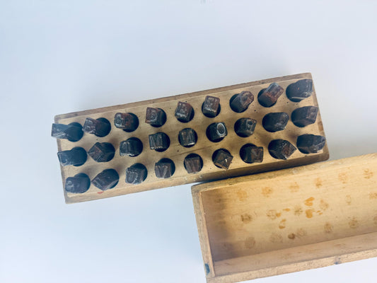 Product image for 'vintage young bros 3 8 steel letter punch set original dovetail wooden case' (view 6b2918)
