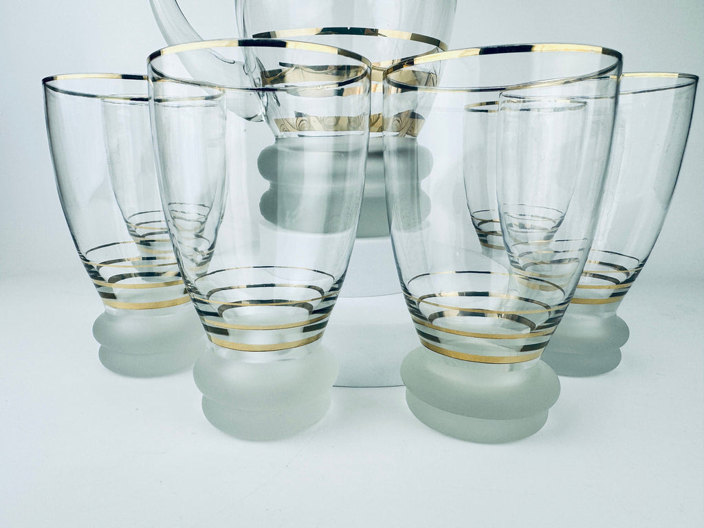 Product image for 'vintage gold striped frosted glass decanter glassware barware set six 6 glasses' (view 2e87d2)