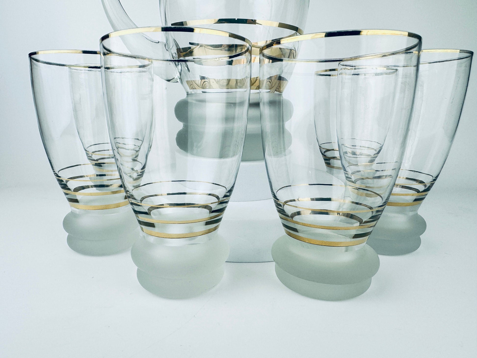 Product image for 'vintage gold striped frosted glass decanter glassware barware set six 6 glasses' (view 2e87d2)