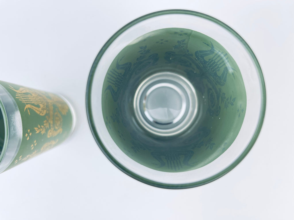 Product image for 'vintage hollywood regency green gold glasses laurel and lyre pattern highball bar glasses set of two 2 jeannette glass company' (view 1e8dbe)