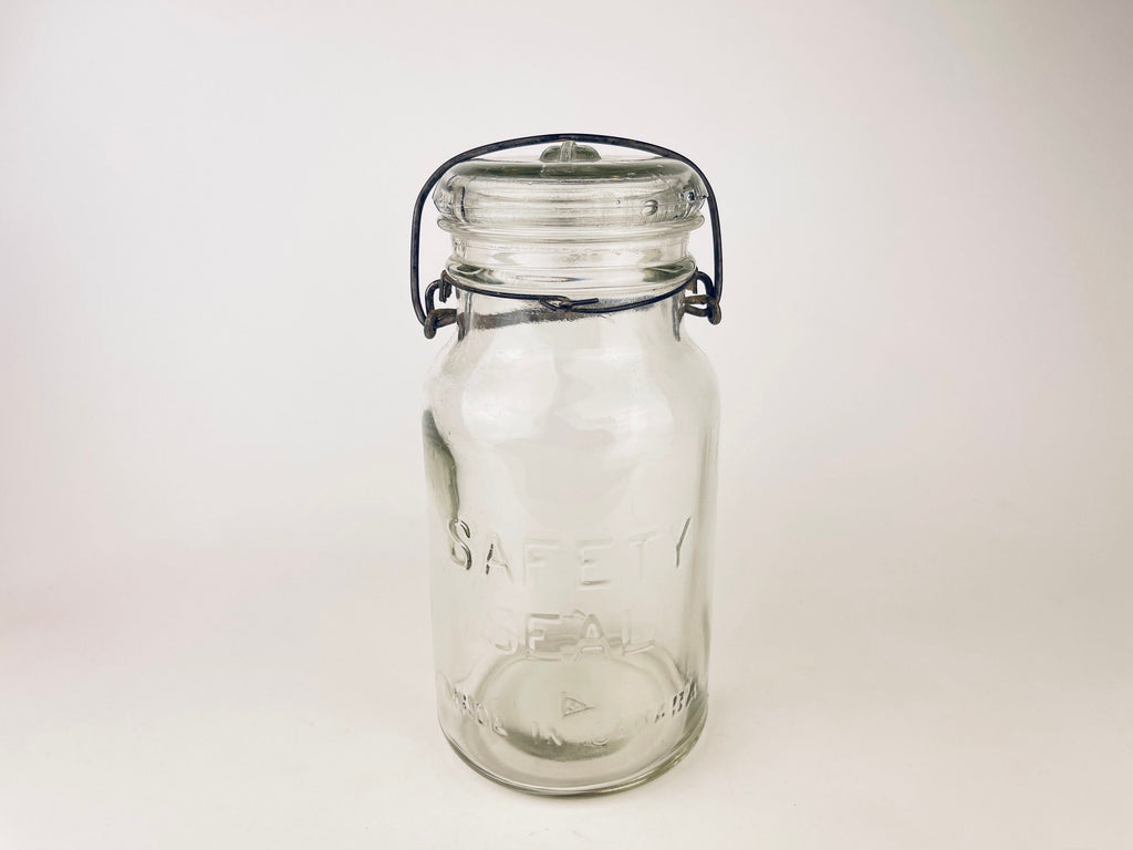 Product image for 'antique safety seal wide mouth glass jar 2 pint capacity metal hinge clasp aka lightning jar made in canada farmhouse decor' (view 6ae130)