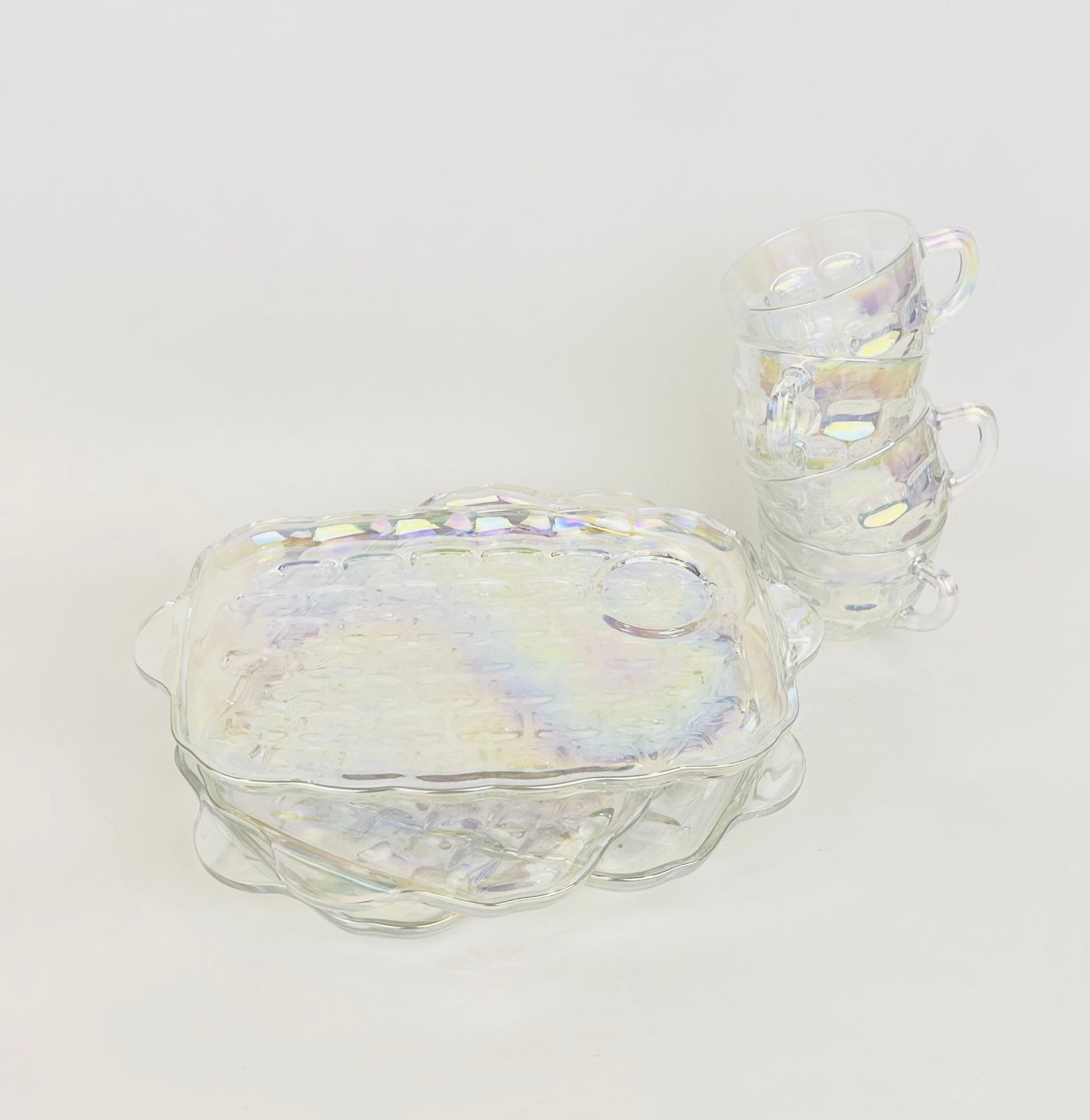 Product image for 'vintage federal glass iridescent rainbow carnival glass luncheon snack plate cup set of four 4' (view 1618a4)