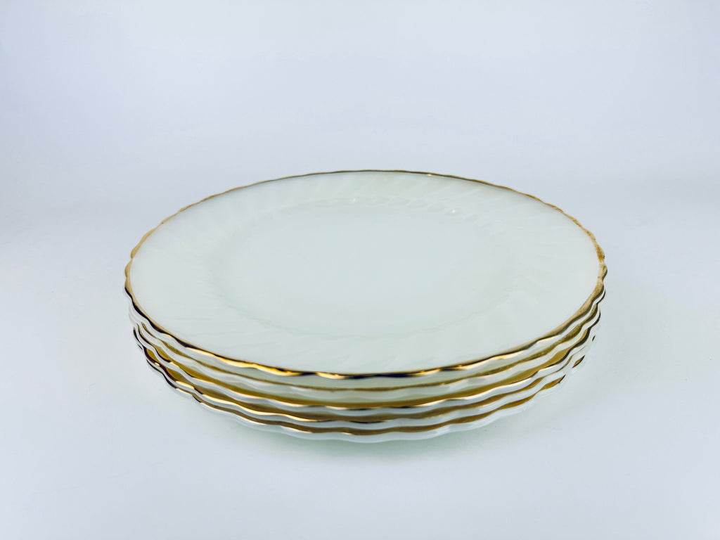 Product image for 'vintage anchor hocking suburbia pattern white gold gilt rim scallopped shell milk glass dinner plates made in usa sold separately' (view 86780e)