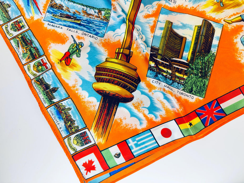 Product image for 'vintage beautiful le joli canada souvenir silk scarf table cloth canadian national exhibition toronto' (view d69929)
