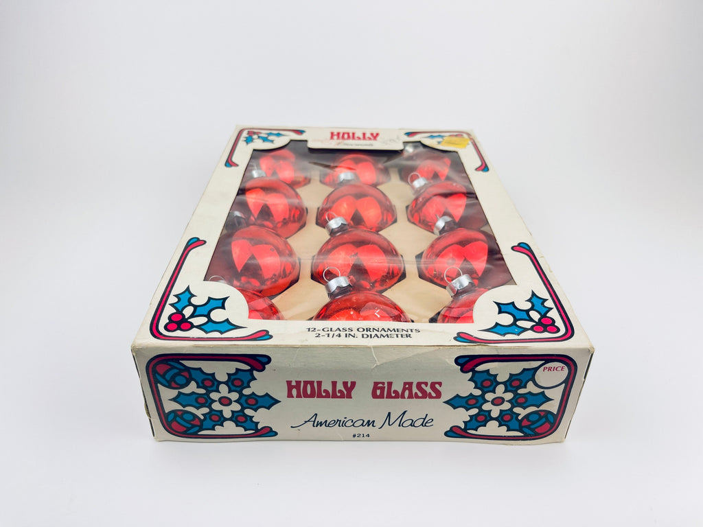Product image for 'vintage red glass christmas tree ornaments set of twelve 12 american made by holly ornaments' (view 5ef58d)