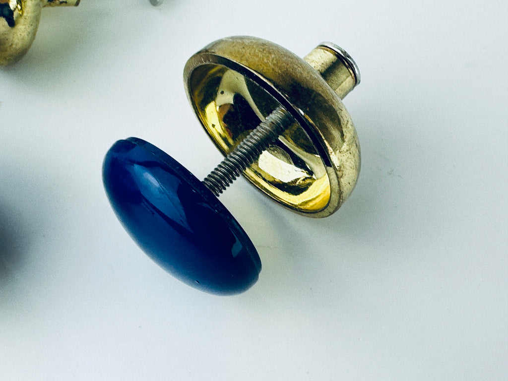 Product image for 'vintage 1980s blue plastic brass circular knob drawer pull hardware attractive aged brass patina' (view 00dbe0)