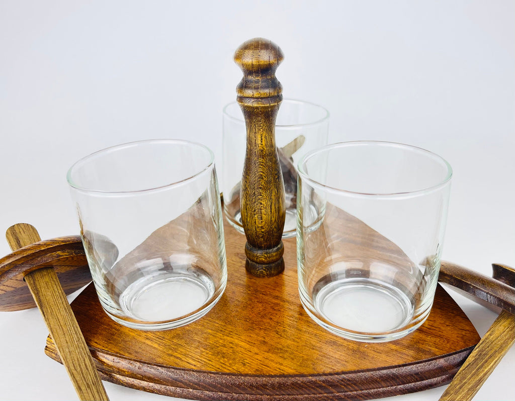 Product image for 'vintage mid century glass condiment caddy set trio of jars with wooden lids spoons' (view d52264)