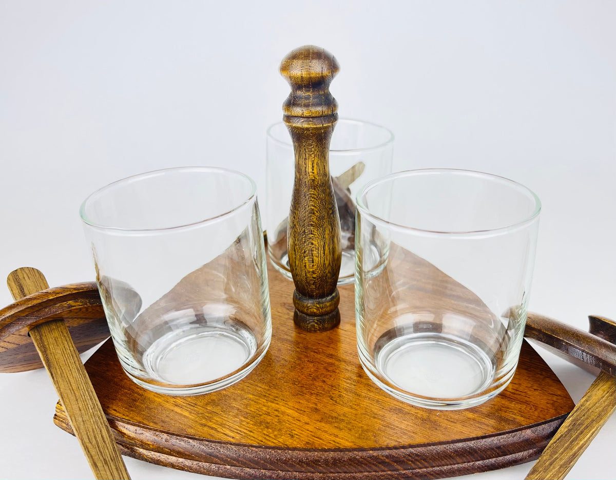 Product image for 'vintage mid century glass condiment caddy set trio of jars with wooden lids spoons' (view d52264)