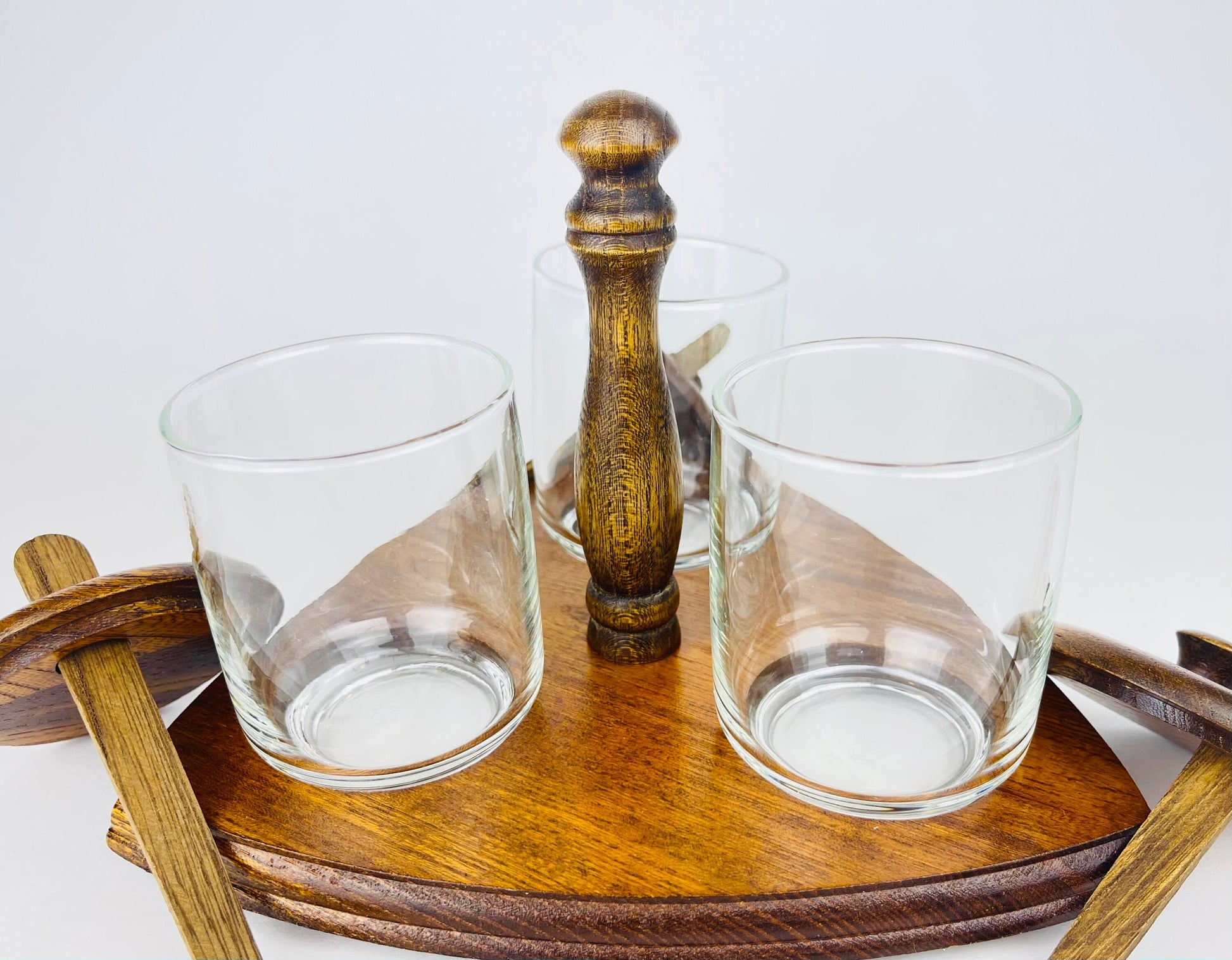 Product image for 'vintage mid century glass condiment caddy set trio of jars with wooden lids spoons' (view d52264)