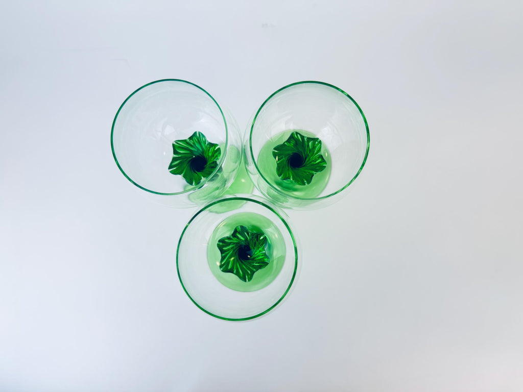 Product image for 'vintage 1970s green swirl stem wine glasses set of 3' (view f7414c)