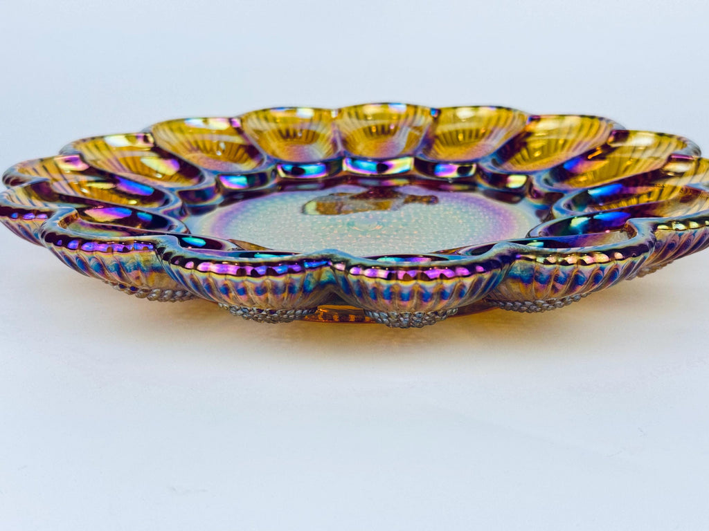 Product image for 'vintage carnival glass devilled egg plate scalloped edge hobnail bottom' (view f6076c)