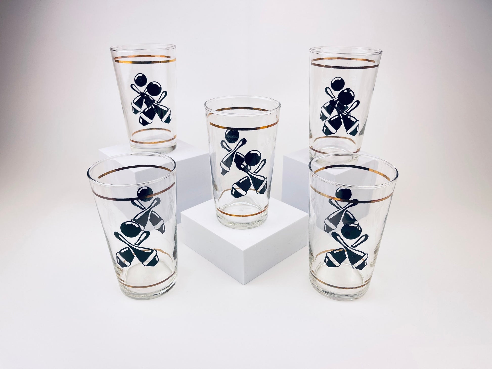 Product image for 'vintage bowling federal glasses set of five 5 tall clear glass with gold black' (view fe6ef2)