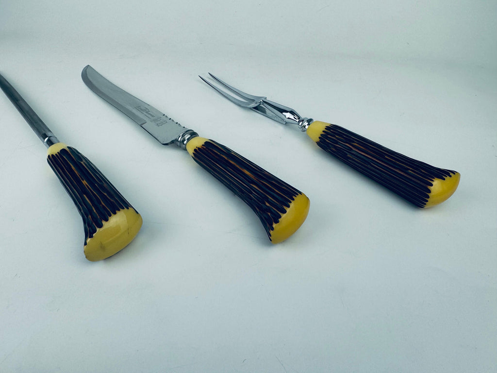 Product image for 'vintage king carver faux antler bakelite serving utensil knife set sheffield england set of three 3' (view bd0c3f)