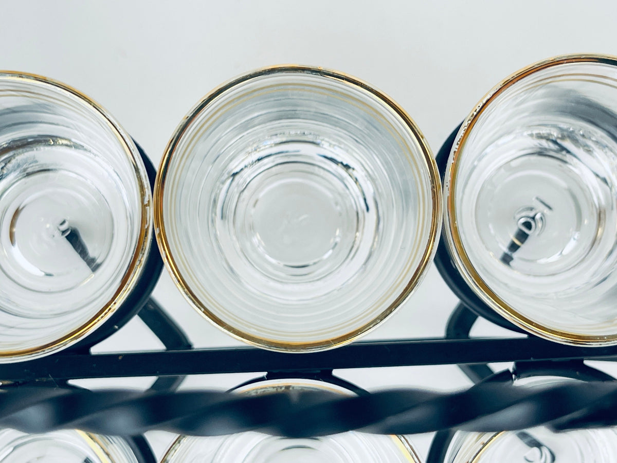 Product image for 'vintage gold striped clear shot glass barware set black metal leaf carrier' (view 0fb179)