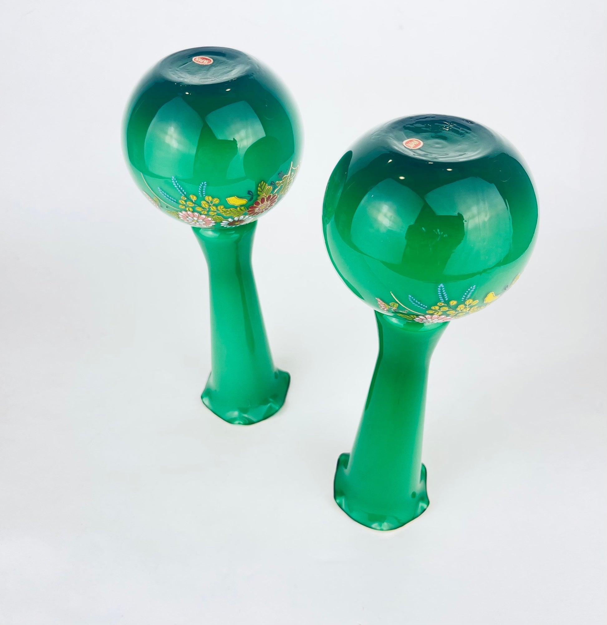 Product image for 'vintage glass bud vases set of two 2 hand painted enamelled flowers gold rim top pattern made in japan' (view 01c7ce)