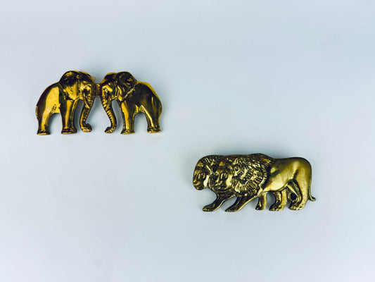 Product image for 'vintage hand made solid brass double lion elephant belt buckle attractive aged metal patina sold separately' (view 7d428b)