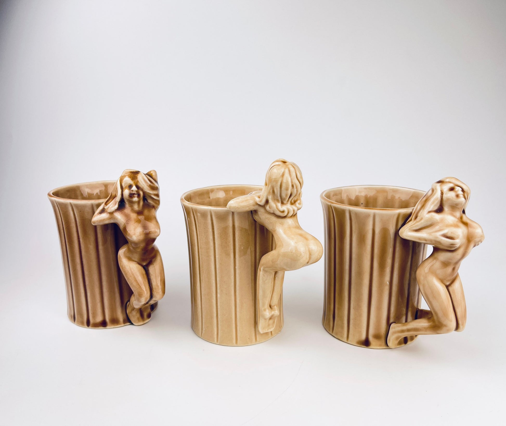 Product image for 'vintage risque nude woman striped brown ceramic mug shafford japan sold individually groomsmen barware gift' (view 2c85e0)