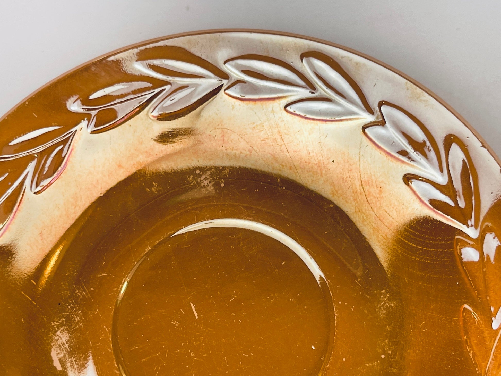 Product image for 'vintage peach lustreware laurel leaf replacement bowls saucer plates set of two 2 fire king made in usa sets sold separately' (view 30348c)