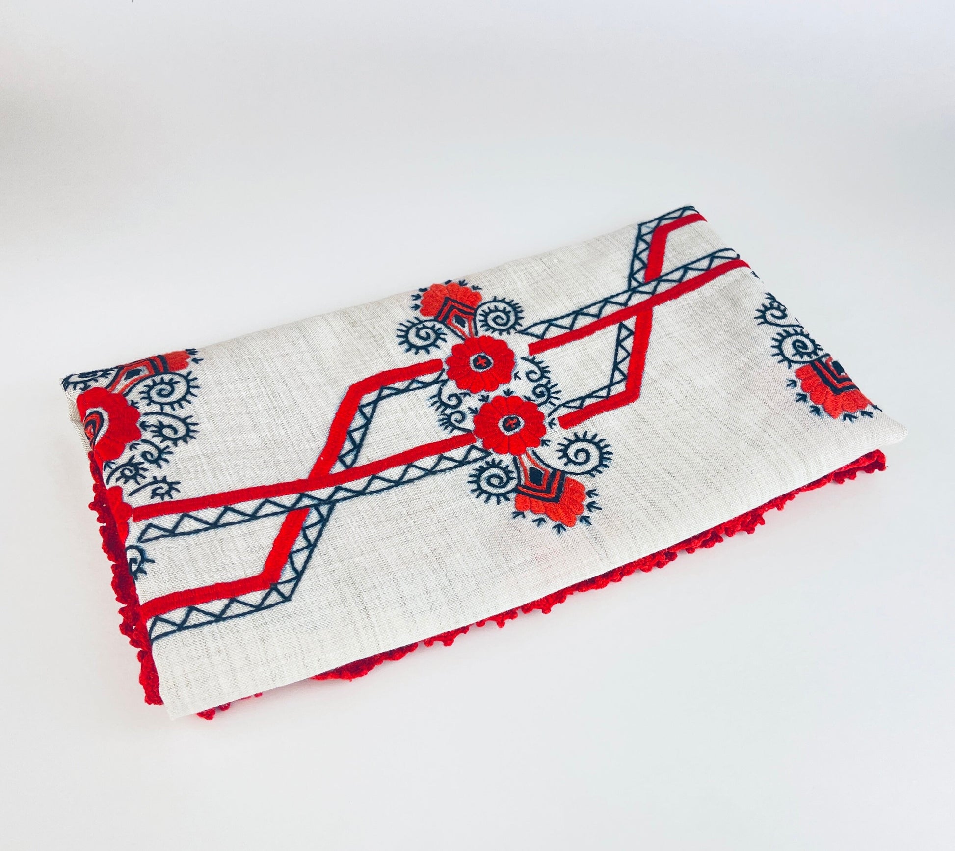 Product image for 'vintage embroidered table runner linen red black floral red stitch fringe' (view 31f6b2)