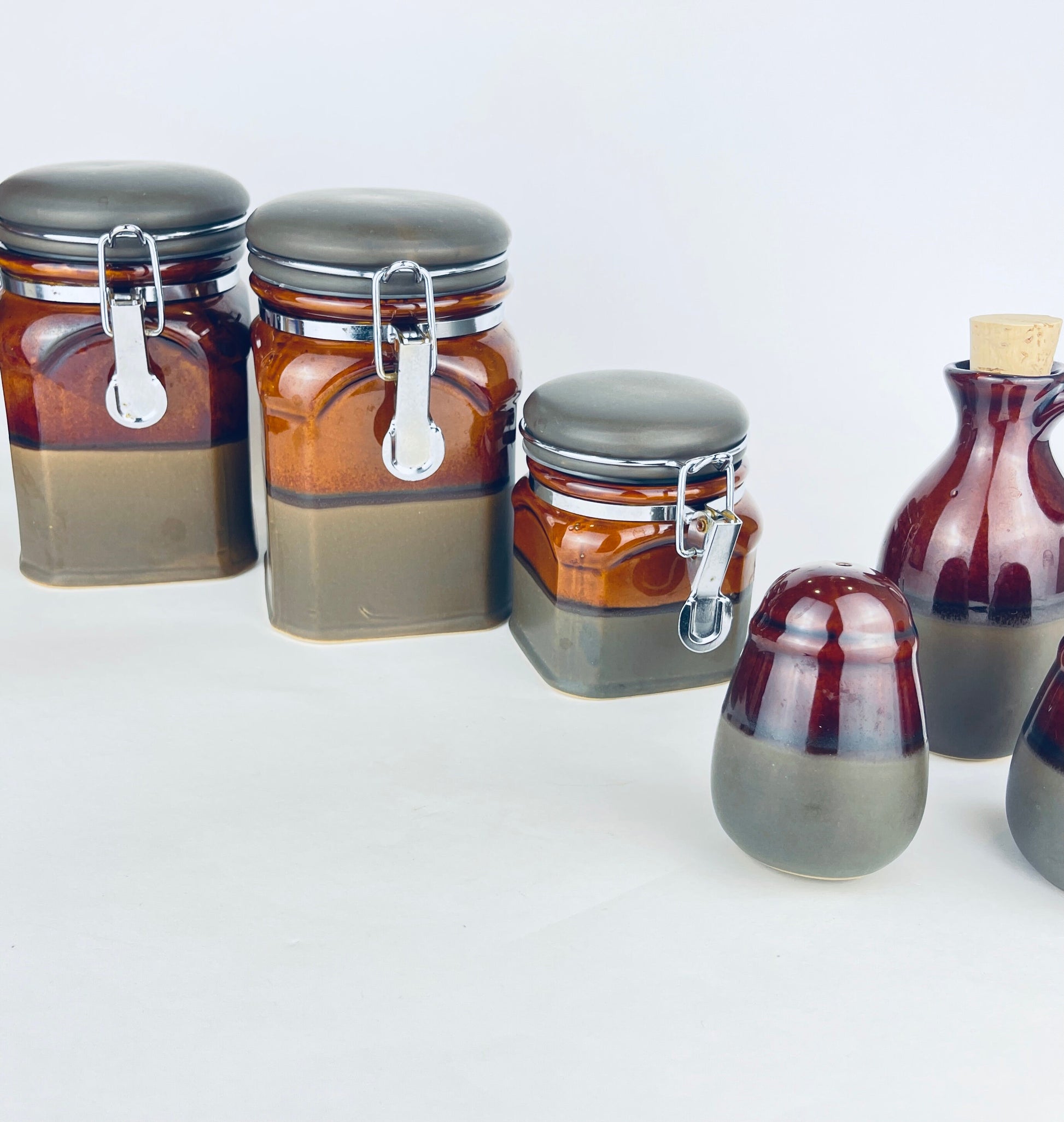 Product image for 'vintage brown grey drip glaze canister set salt pepper oil decanter included' (view 1219fc)