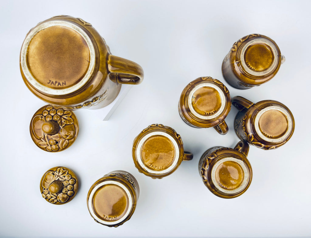 Product image for 'vintage brown ceramic fruit pattern tea set tea kettle cream sugar tea cups made in japan' (view 9d119e)