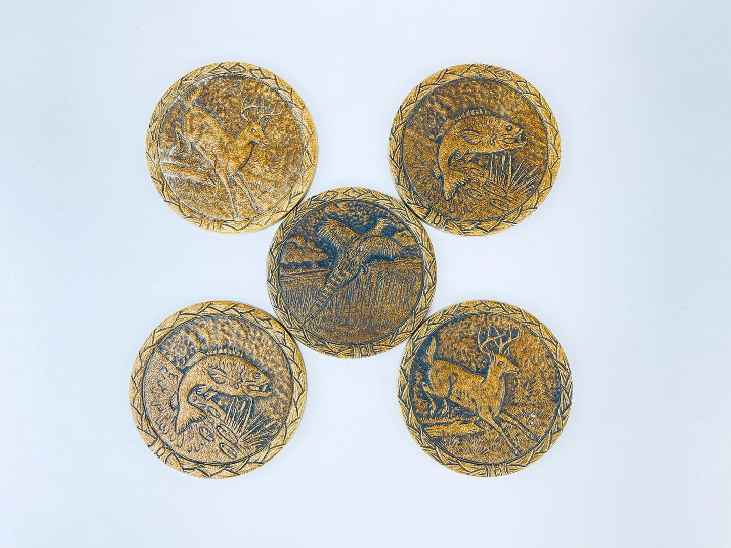 Product image for 'vintage faux wood outdoorsman coaster set set of five 5 pheasant deer fish' (view 45ef4c)