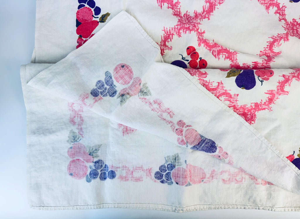 Product image for 'vintage pink purple fruit beige linen square tablecloth 46 x 46' (view 5a185e)
