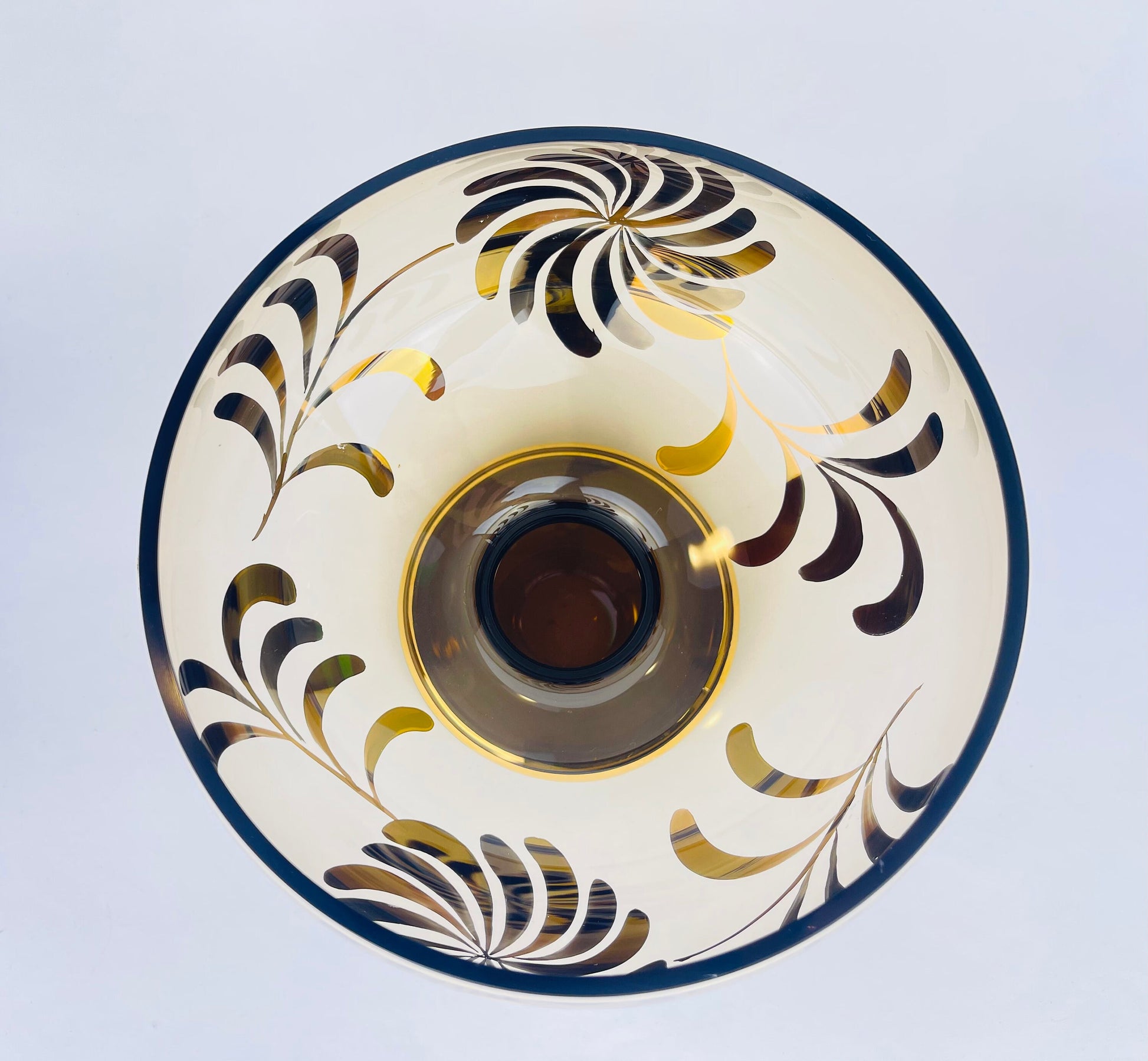 Product image for 'vintage bohemian footed glass compote bowl smokey gold art glass with floral motif made in czechoslovakia' (view 47f7ed)