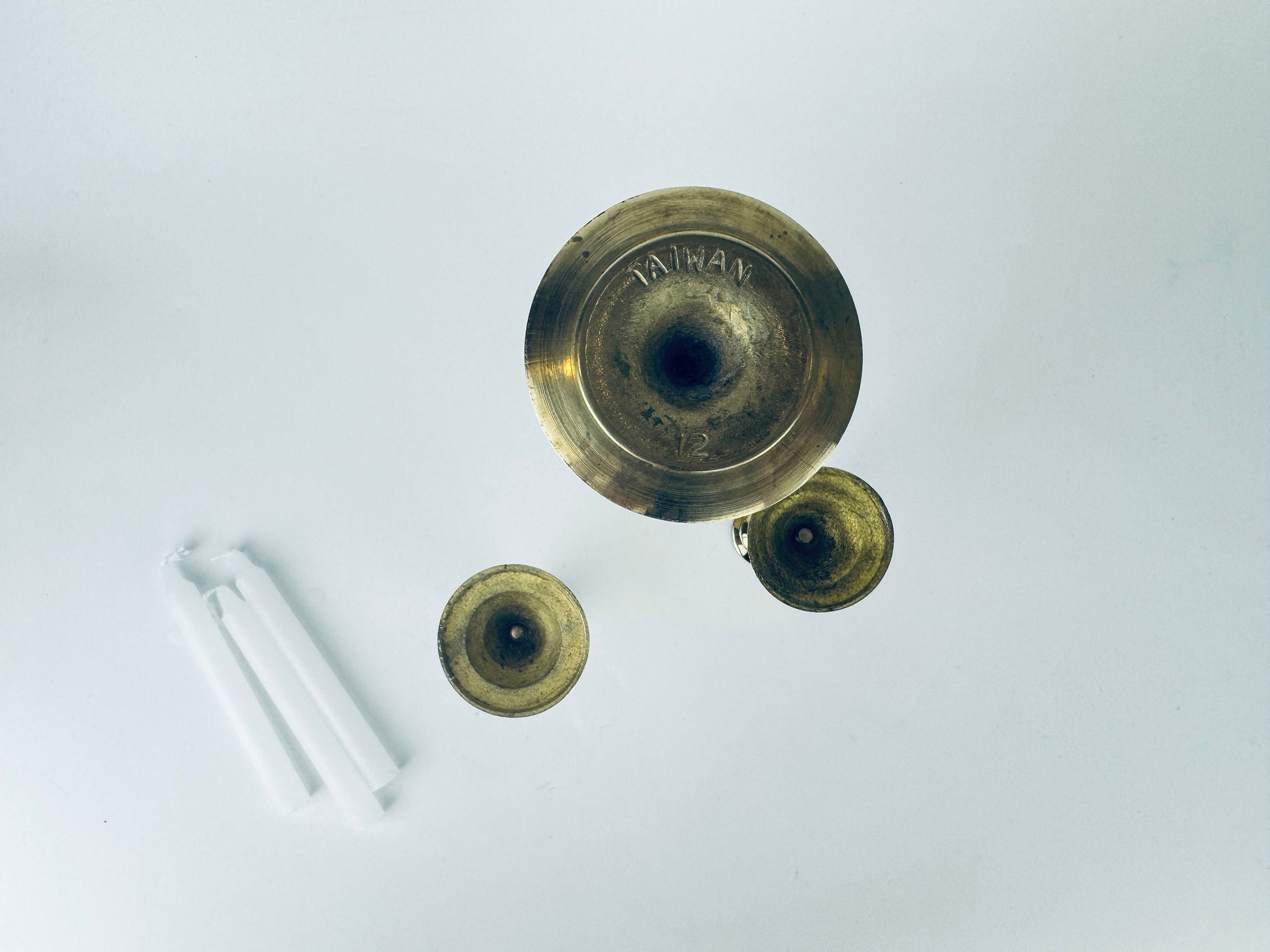Product image for 'vintage tabletop brass small mini spell prayer candle stick holders mixed lot of three 3 attractive aged metal patina' (view 624d35)