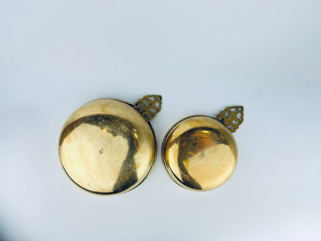 Product image for 'large ornate handled round brass bowls set of two 2 attractive aged metal patina' (view 02096f)