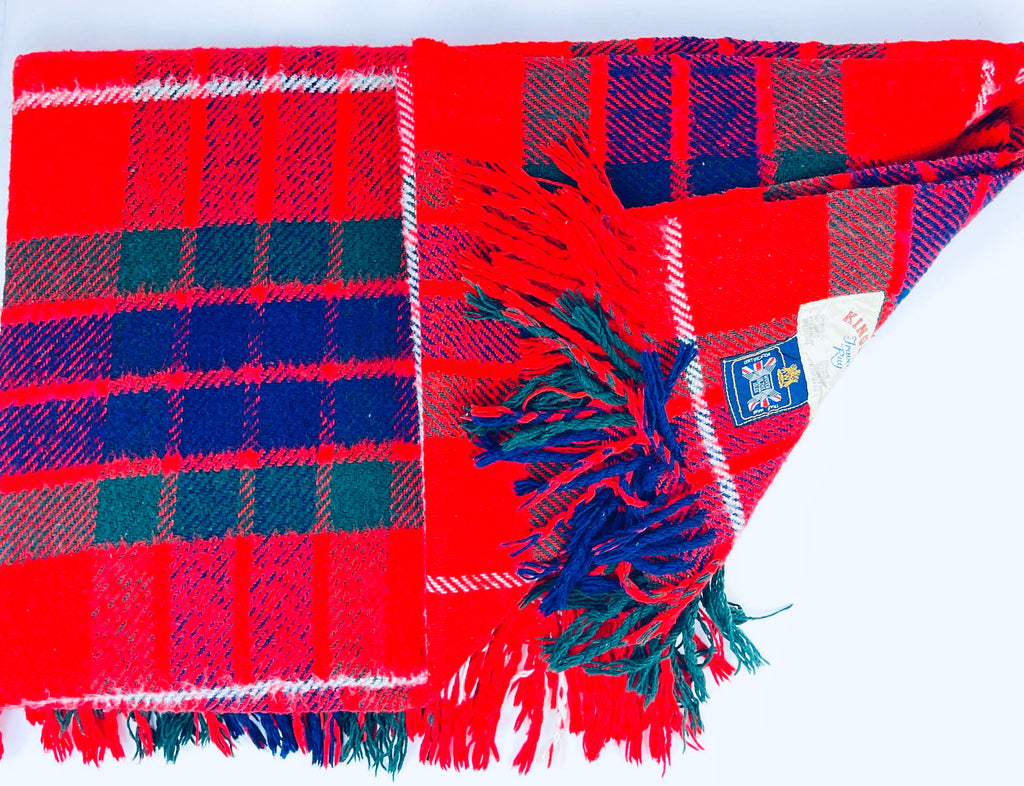 Product image for 'vintage kingston travel fringe rug blanket red blue plaid pattern wool acrylic blend made in the british isles' (view 727f8d)