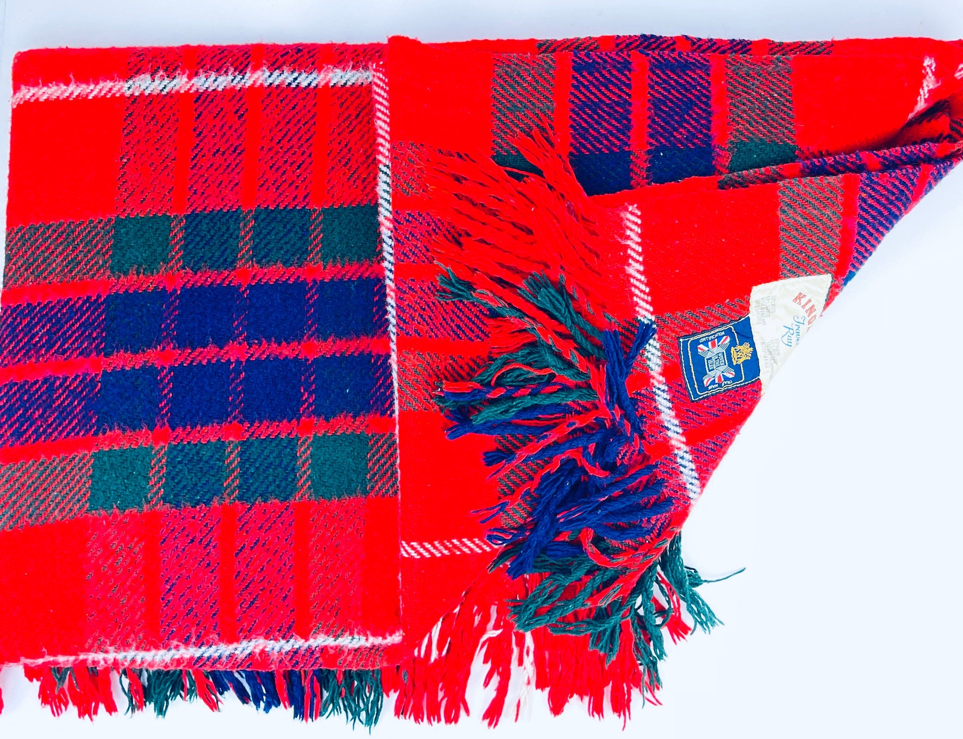 Product image for 'vintage kingston travel fringe rug blanket red blue plaid pattern wool acrylic blend made in the british isles' (view 727f8d)