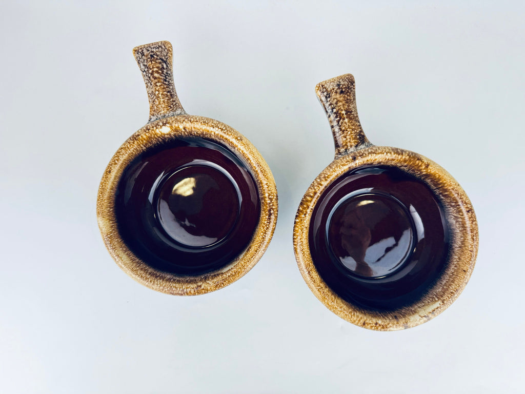Product image for 'vintage hull oven proof usa handled soup bowls set of two 2 ceramic drip glazed brown' (view cde890)