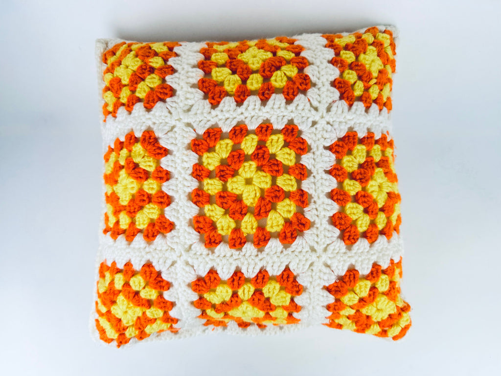 Product image for 'vintage handmade crocheted granny square accent pillow cover sham 14 x 14 orange yellow floral square' (view f94ae3)