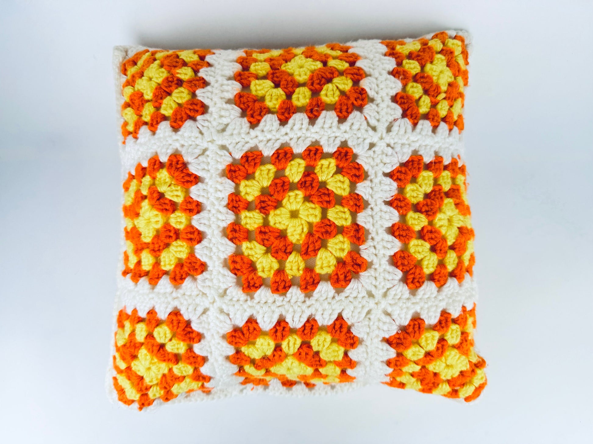 Product image for 'vintage handmade crocheted granny square accent pillow cover sham 14 x 14 orange yellow floral square' (view f94ae3)