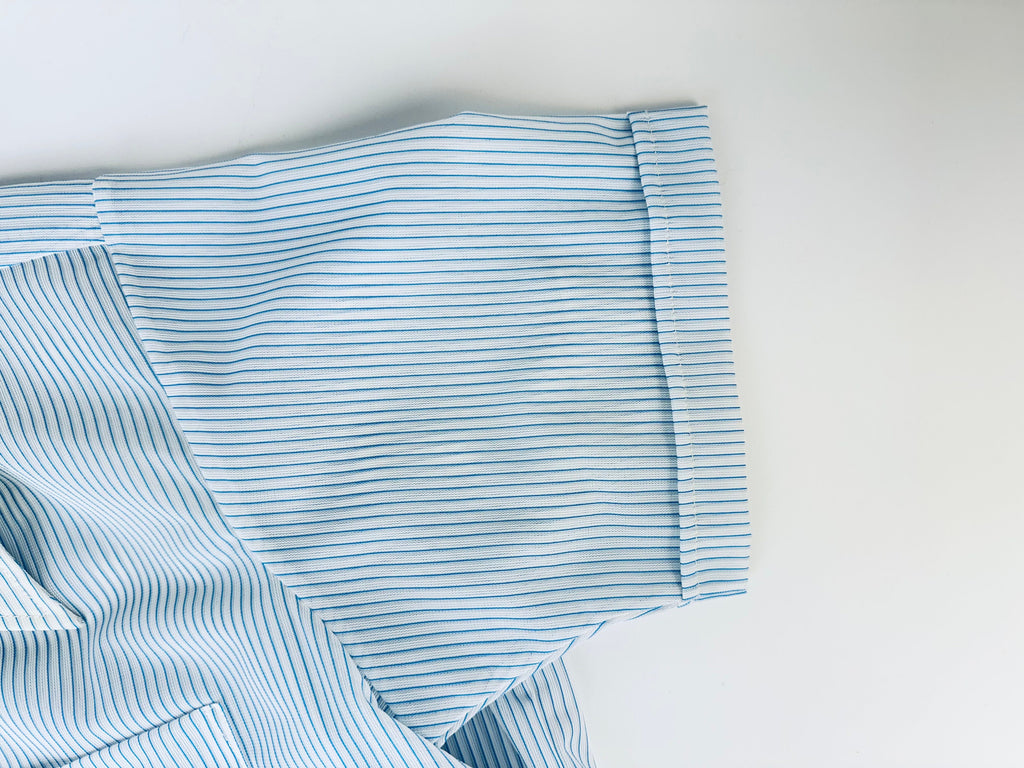 Product image for 'vintage 1970s blue grey striped short sleeve button up shirts 100 nylon made in hong kong by beau ville sold separately' (view fb4e79)