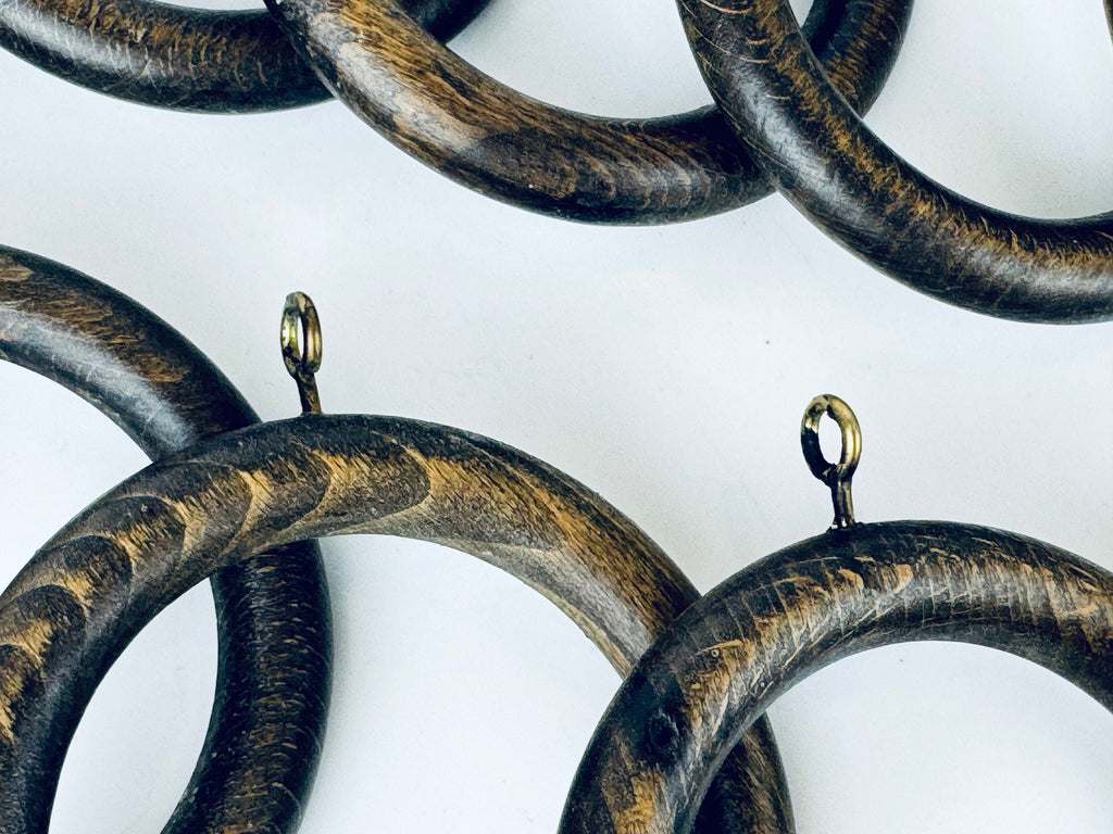 Product image for 'vintage macrame curtain wood metal ring holders set of twelve 12 two sizes available sets sold separately' (view 061045)