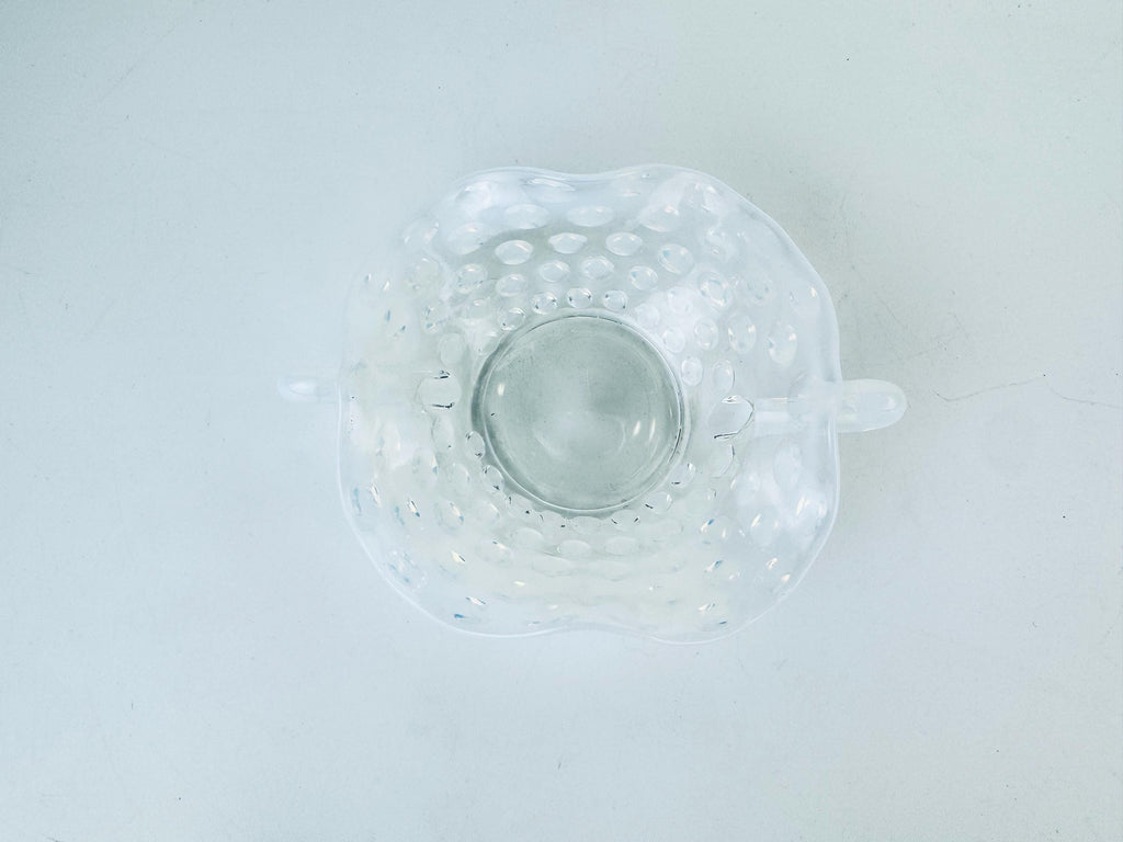 Product image for 'vintage fenton moonstone hobnail glass dish 1940s opalescent ruffled trinket bowl with handles' (view bfaecd)