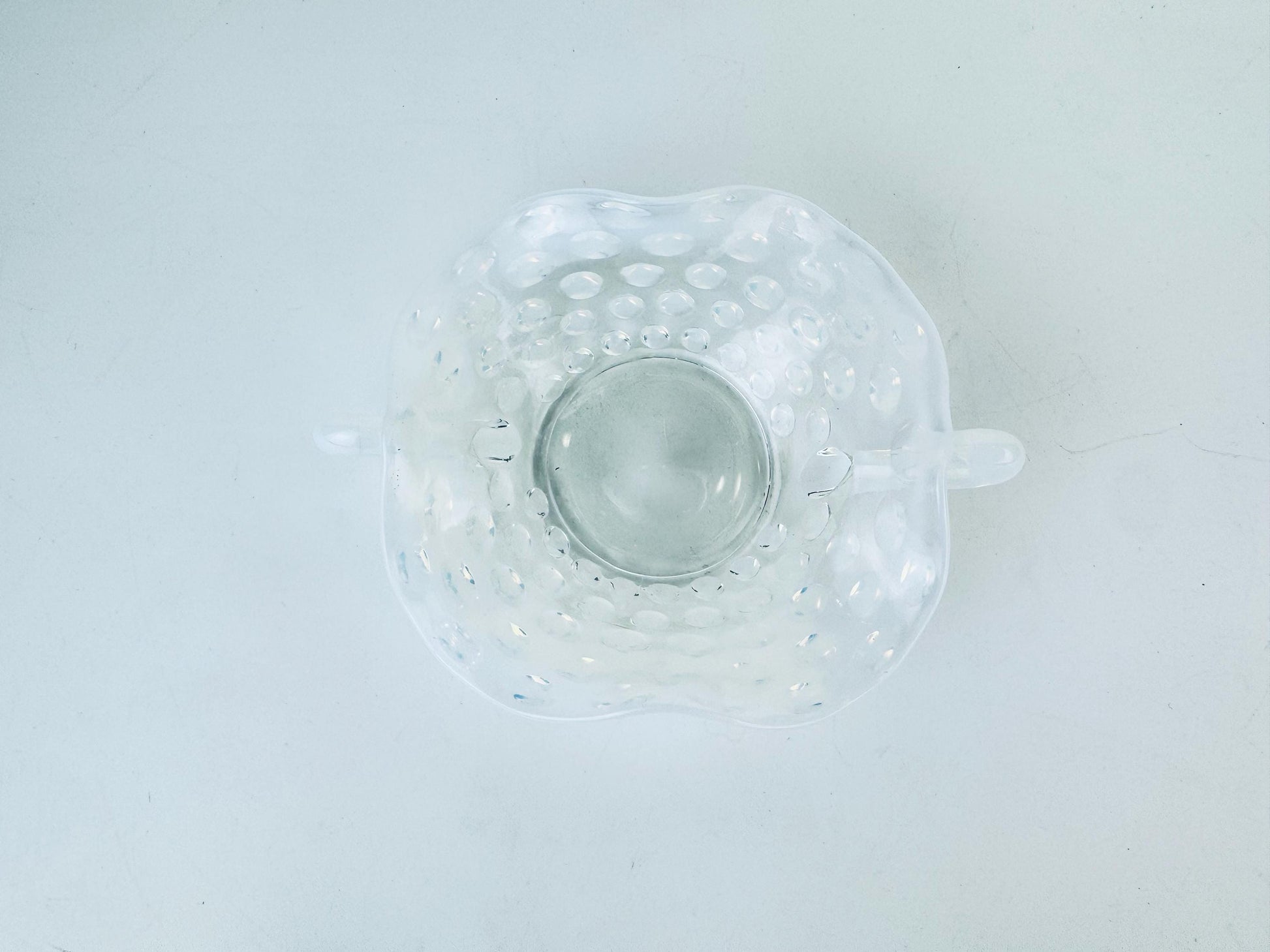 Product image for 'vintage fenton moonstone hobnail glass dish 1940s opalescent ruffled trinket bowl with handles' (view bfaecd)